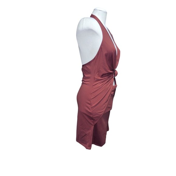 Halara Deep V Neck Halter Backless Ruched Bodycon Mini Casual Dress Sz Large Bro - Picture 14 of 14